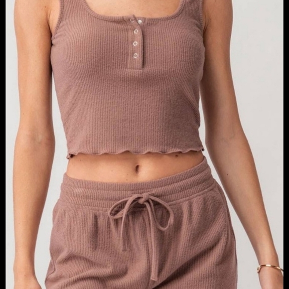 8 Soft seamless rib knit scoop neck tank top drawstring short lounge pajama set - Picture 4 of 4